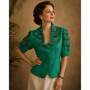 Vintage Lillian West 100% Linen Beaded Embroidered Jacket Size 12
